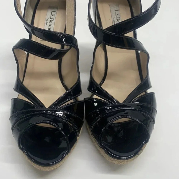 Lk Bennet Maggie Sandal Wedge Espadrilles Patent Leather Heels Black 39.5 US 9 - Picture 4 of 11